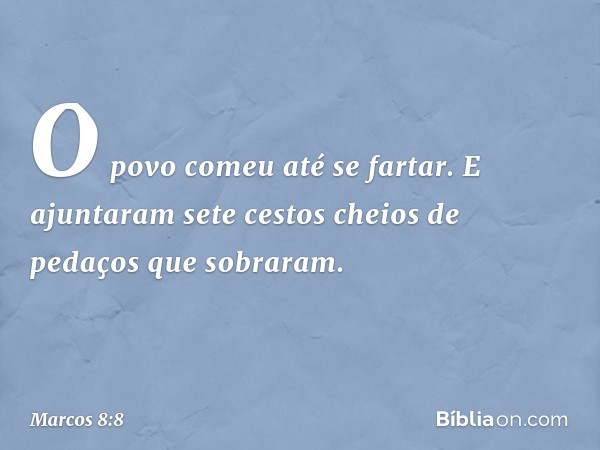 O povo comeu até se fartar. E ajuntaram sete cestos cheios de pedaços que sobraram. -- Marcos 8:8