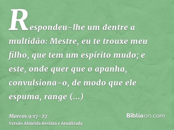 Respondeu-lhe um dentre a multidão: Mestre, eu te trouxe meu filho, que tem um espírito mudo;e este, onde quer que o apanha, convulsiona-o, de modo que ele espu