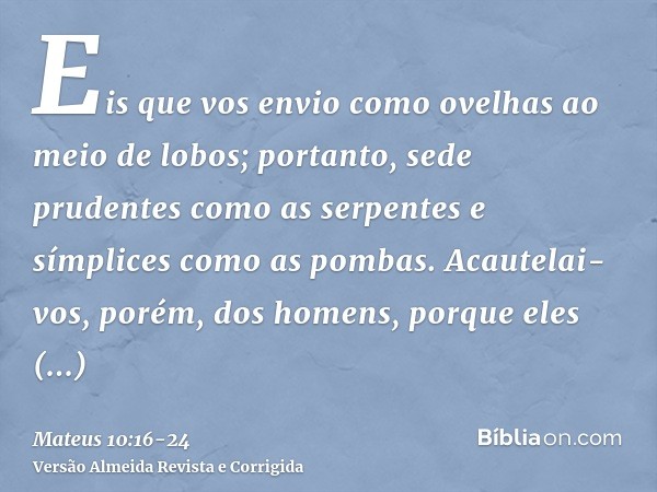 Eis que vos envio como ovelhas ao meio de lobos; portanto, sede prudentes como as serpentes e símplices como as pombas.Acautelai-vos, porém, dos homens, porque 