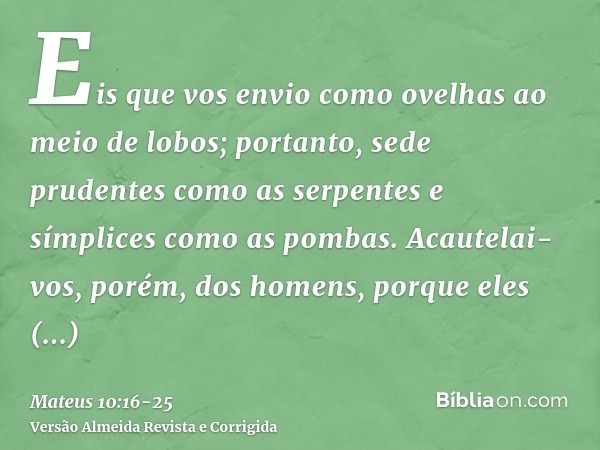 Eis que vos envio como ovelhas ao meio de lobos; portanto, sede prudentes como as serpentes e símplices como as pombas.Acautelai-vos, porém, dos homens, porque 