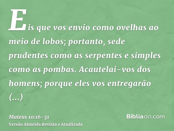 Eis que vos envio como ovelhas ao meio de lobos; portanto, sede prudentes como as serpentes e simples como as pombas.Acautelai-vos dos homens; porque eles vos e