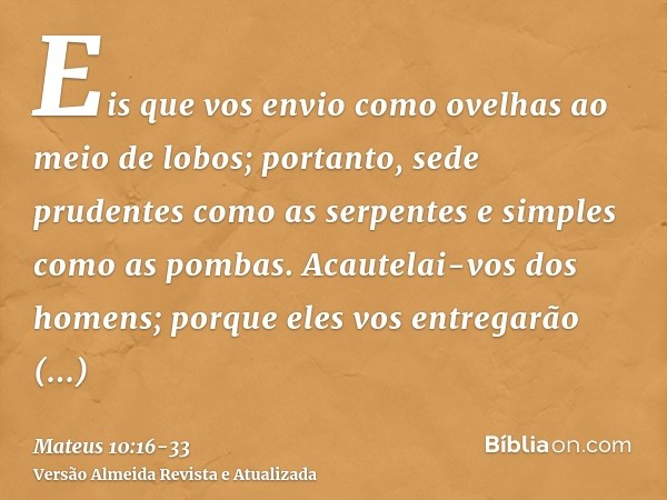 Eis que vos envio como ovelhas ao meio de lobos; portanto, sede prudentes como as serpentes e simples como as pombas.Acautelai-vos dos homens; porque eles vos e