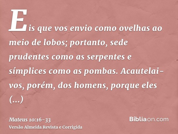 Eis que vos envio como ovelhas ao meio de lobos; portanto, sede prudentes como as serpentes e símplices como as pombas.Acautelai-vos, porém, dos homens, porque 