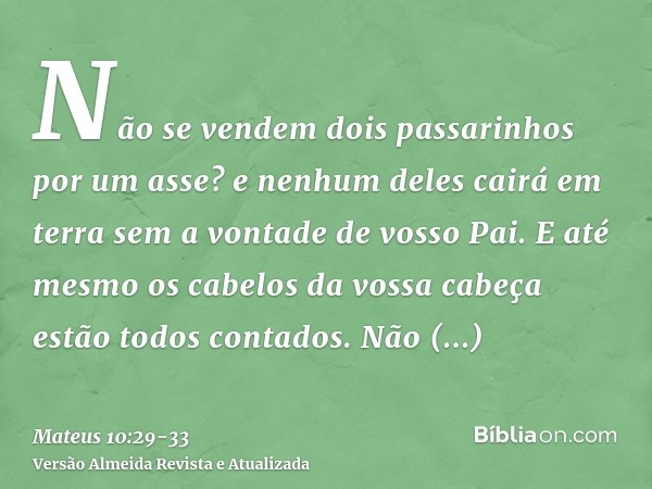 Não se vendem dois passarinhos por um asse? e nenhum deles cairá em terra sem a vontade de vosso Pai.E até mesmo os cabelos da vossa cabeça estão todos contados