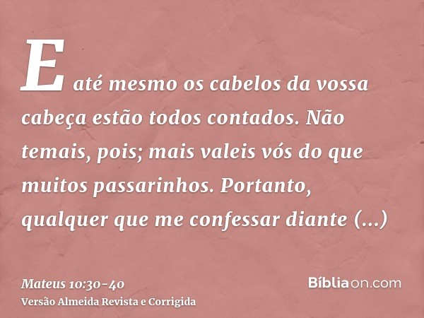 E até mesmo os cabelos da vossa cabeça estão todos contados.Não temais, pois; mais valeis vós do que muitos passarinhos.Portanto, qualquer que me confessar dian