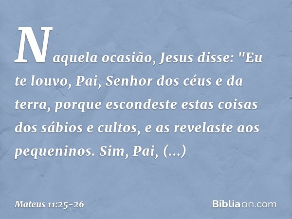 Naquela ocasião, Jesus disse: "Eu te louvo, Pai, Senhor dos céus e da terra, porque escondeste estas coisas dos sábios e cultos, e as revelaste aos pequeninos.