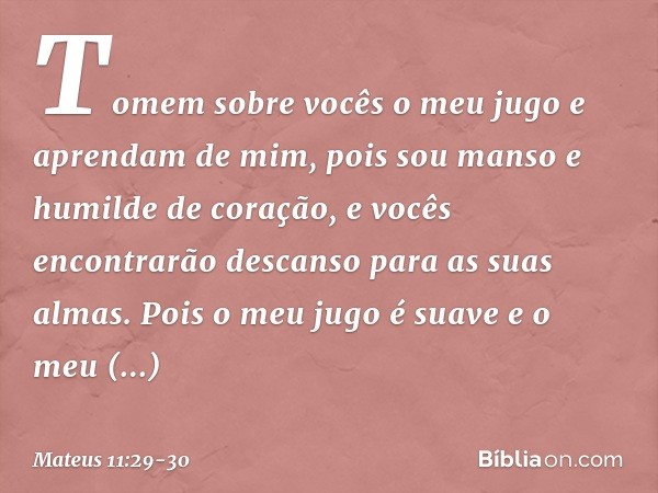 Tomem sobre vocês o meu jugo e aprendam de mim, pois sou manso e humilde de coração, e vocês encontrarão descanso para as suas almas. Pois o meu jugo é suave e 