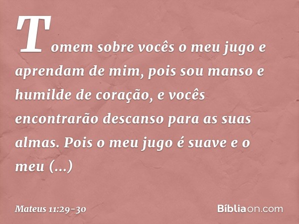 Tomem sobre vocês o meu jugo e aprendam de mim, pois sou manso e humilde de coração, e vocês encontrarão descanso para as suas almas. Pois o meu jugo é suave e