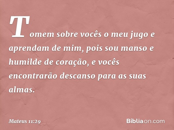 Tomem sobre vocês o meu jugo e aprendam de mim, pois sou manso e humilde de coração, e vocês encontrarão descanso para as suas almas. -- Mateus 11:29