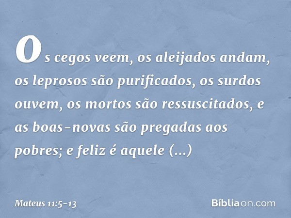 os cegos veem, os aleijados andam, os leprosos são purificados, os surdos ouvem, os mortos são ressuscitados, e as boas-novas são pregadas aos pobres; e feliz é