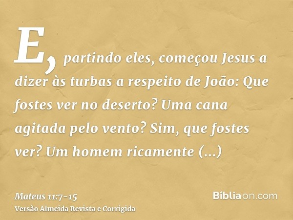 E, partindo eles, começou Jesus a dizer às turbas a respeito de João: Que fostes ver no deserto? Uma cana agitada pelo vento?Sim, que fostes ver? Um homem ricam