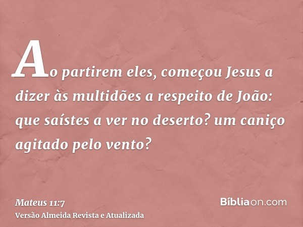 Ao partirem eles, começou Jesus a dizer às multidões a respeito de João: que saístes a ver no deserto? um caniço agitado pelo vento?