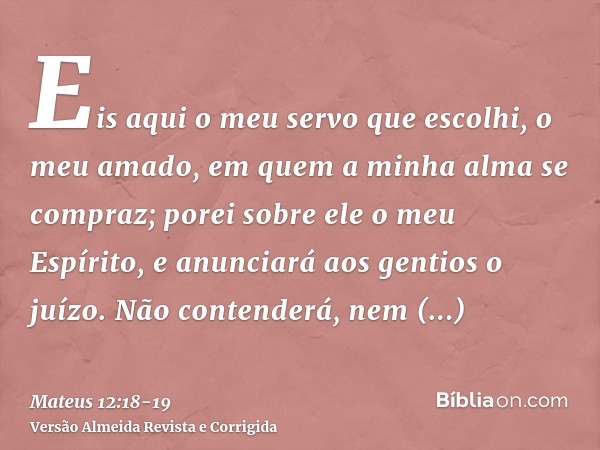 Eis aqui o meu servo que escolhi, o meu amado, em quem a minha alma se compraz; porei sobre ele o meu Espírito, e anunciará aos gentios o juízo.Não contenderá,