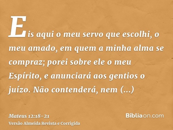 Eis aqui o meu servo que escolhi, o meu amado, em quem a minha alma se compraz; porei sobre ele o meu Espírito, e anunciará aos gentios o juízo.Não contenderá, 