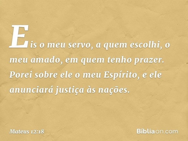 "Eis o meu servo,
a quem escolhi,
o meu amado,
em quem tenho prazer.
Porei sobre ele o meu Espírito,
e ele anunciará justiça
às nações. -- Mateus 12:18