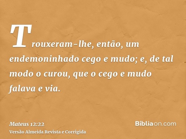 Trouxeram-lhe, então, um endemoninhado cego e mudo; e, de tal modo o curou, que o cego e mudo falava e via.