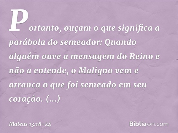 "Portanto, ouçam o que significa a parábola do semeador: Quando alguém ouve a mensagem do Reino e não a entende, o Maligno vem e arranca o que foi semeado em se