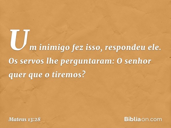 " 'Um inimigo fez isso', respondeu ele.
"Os servos lhe perguntaram: 'O senhor quer que o tiremos?' -- Mateus 13:28