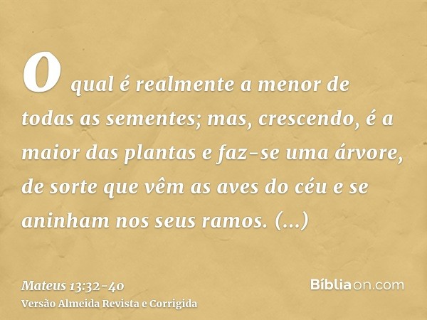 o qual é realmente a menor de todas as sementes; mas, crescendo, é a maior das plantas e faz-se uma árvore, de sorte que vêm as aves do céu e se aninham nos seu