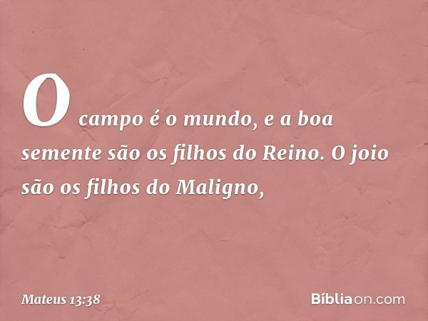 O campo é o mundo, e a boa semente são os filhos do Reino. O joio são os filhos do Maligno, -- Mateus 13:38