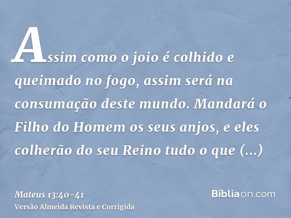 Assim como o joio é colhido e queimado no fogo, assim será na consumação deste mundo.Mandará o Filho do Homem os seus anjos, e eles colherão do seu Reino tudo o