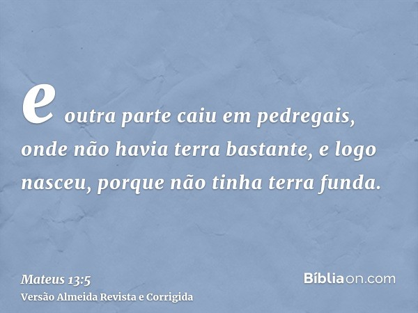 e outra parte caiu em pedregais, onde não havia terra bastante, e logo nasceu, porque não tinha terra funda.