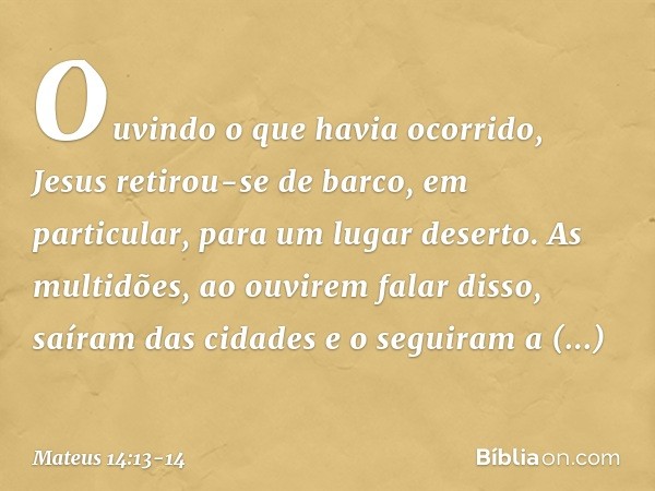 Ouvindo o que havia ocorrido, Jesus retirou-se de barco, em particular, para um lugar deserto. As multidões, ao ouvirem falar disso, saíram das cidades e o segu