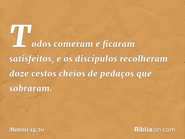 Todos comeram e ficaram satisfeitos, e os discípulos recolheram doze cestos cheios de pedaços que sobraram. -- Mateus 14:20