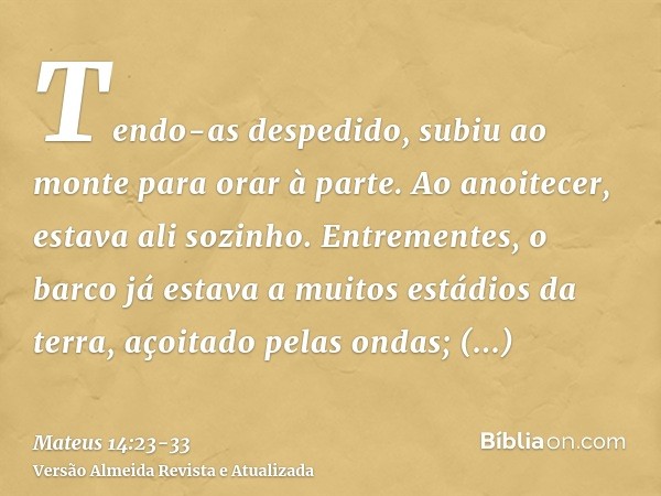 Tendo-as despedido, subiu ao monte para orar à parte. Ao anoitecer, estava ali sozinho.Entrementes, o barco já estava a muitos estádios da terra, açoitado pelas