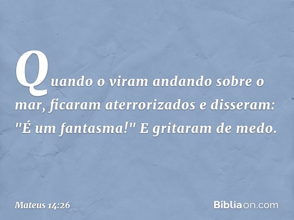 Quando o viram andando sobre o mar, ficaram aterrorizados e disseram: "É um fantasma!" E gritaram de medo. -- Mateus 14:26