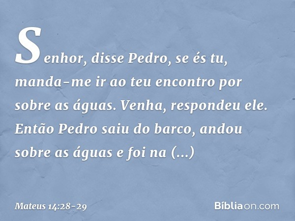 "Senhor", disse Pedro, "se és tu, manda-me ir ao teu encontro por sobre as águas". "Venha", respondeu ele.
Então Pedro saiu do barco, andou sobre as águas e foi