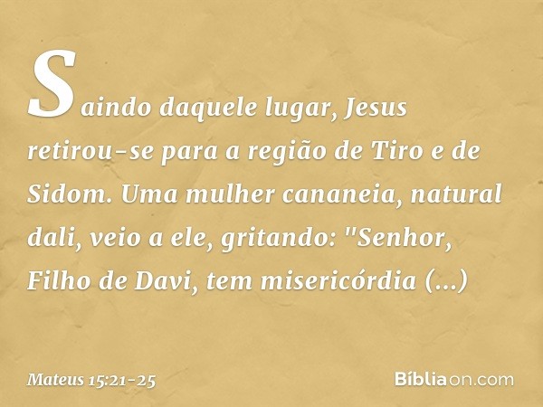 Saindo daquele lugar, Jesus retirou-se para a região de Tiro e de Sidom. Uma mulher cananeia, natural dali, veio a ele, gritando: "Senhor, Filho de Davi, tem mi