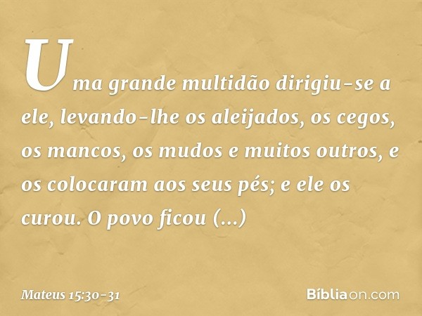 Uma grande multidão dirigiu-se a ele, levando-lhe os aleijados, os cegos, os mancos, os mudos e muitos outros, e os colocaram aos seus pés; e ele os curou. O po