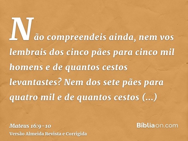 Não compreendeis ainda, nem vos lembrais dos cinco pães para cinco mil homens e de quantos cestos levantastes?Nem dos sete pães para quatro mil e de quantos ces