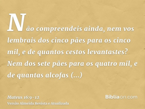 Não compreendeis ainda, nem vos lembrais dos cinco pães para os cinco mil, e de quantos cestos levantastes?Nem dos sete pães para os quatro mil, e de quantas al