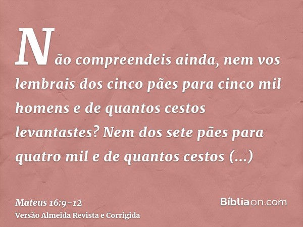 Não compreendeis ainda, nem vos lembrais dos cinco pães para cinco mil homens e de quantos cestos levantastes?Nem dos sete pães para quatro mil e de quantos ces