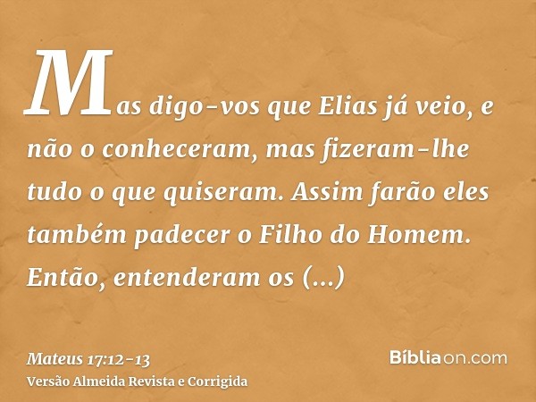 Mas digo-vos que Elias já veio, e não o conheceram, mas fizeram-lhe tudo o que quiseram. Assim farão eles também padecer o Filho do Homem.Então, entenderam os d