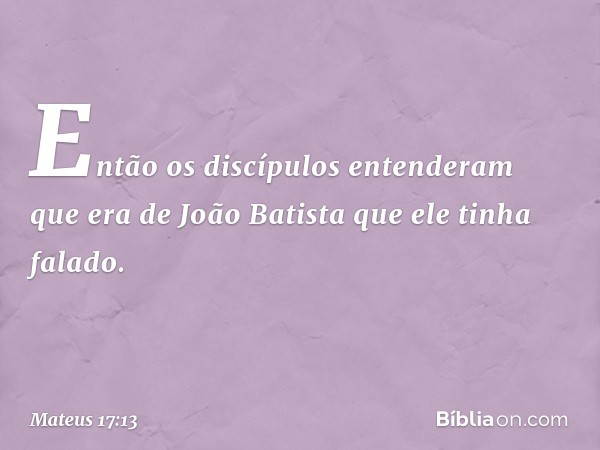 Então os discípulos entenderam que era de João Batista que ele tinha falado. -- Mateus 17:13