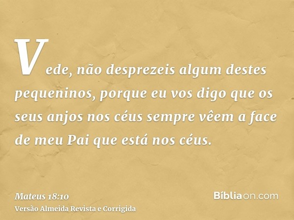 Vede, não desprezeis algum destes pequeninos, porque eu vos digo que os seus anjos nos céus sempre vêem a face de meu Pai que está nos céus.