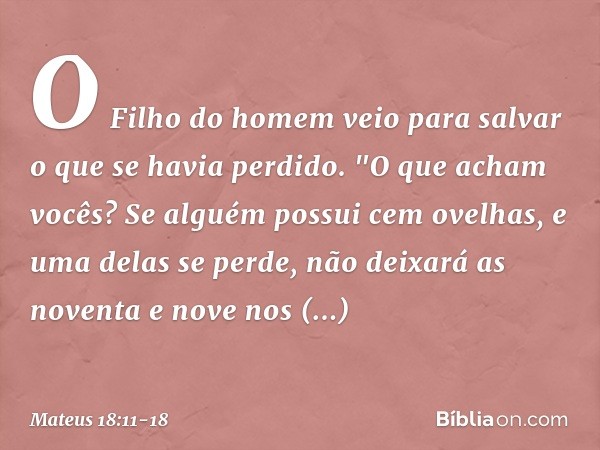 O Filho do homem veio para salvar o que se havia perdido. "O que acham vocês? Se alguém possui cem ovelhas, e uma delas se perde, não deixará as noventa e nove 