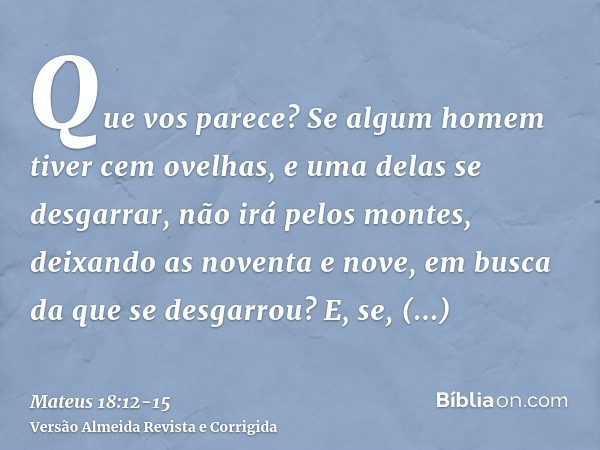 Que vos parece? Se algum homem tiver cem ovelhas, e uma delas se desgarrar, não irá pelos montes, deixando as noventa e nove, em busca da que se desgarrou?E, se