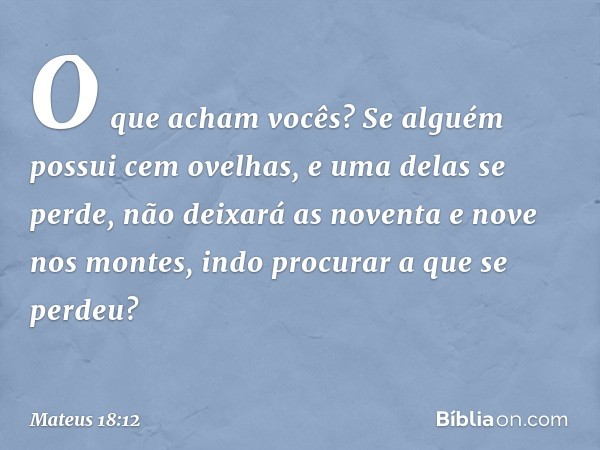 "O que acham vocês? Se alguém possui cem ovelhas, e uma delas se perde, não deixará as noventa e nove nos montes, indo procurar a que se perdeu? -- Mateus 18:12