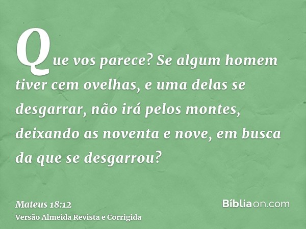 Que vos parece? Se algum homem tiver cem ovelhas, e uma delas se desgarrar, não irá pelos montes, deixando as noventa e nove, em busca da que se desgarrou?