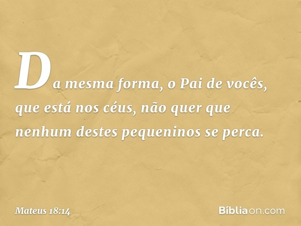 Da mesma forma, o Pai de vocês, que está nos céus, não quer que nenhum destes pequeninos se perca. -- Mateus 18:14