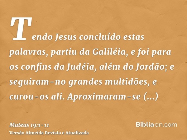 Tendo Jesus concluído estas palavras, partiu da Galiléia, e foi para os confins da Judéia, além do Jordão;e seguiram-no grandes multidões, e curou-os ali.Aproxi