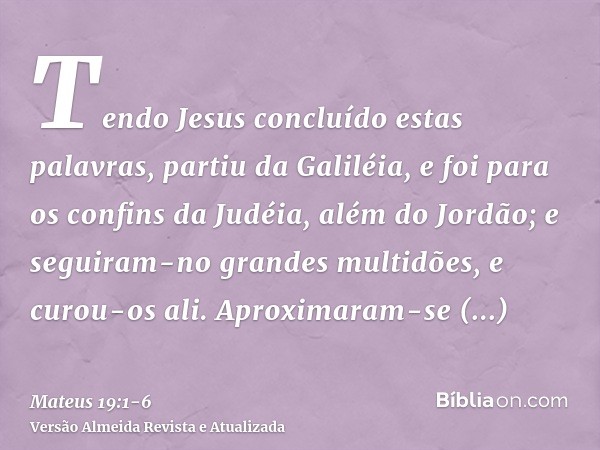 Tendo Jesus concluído estas palavras, partiu da Galiléia, e foi para os confins da Judéia, além do Jordão;e seguiram-no grandes multidões, e curou-os ali.Aproxi