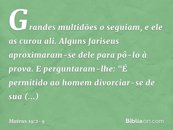 Grandes multidões o seguiam, e ele as curou ali. Alguns fariseus aproximaram-se dele para pô-lo à prova. E perguntaram-lhe: "É permitido ao homem divorciar-se d