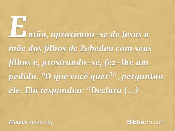 Então, aproximou-se de Jesus a mãe dos filhos de Zebedeu com seus filhos e, prostrando-se, fez-lhe um pedido. "O que você quer?", perguntou ele.
Ela respondeu: 