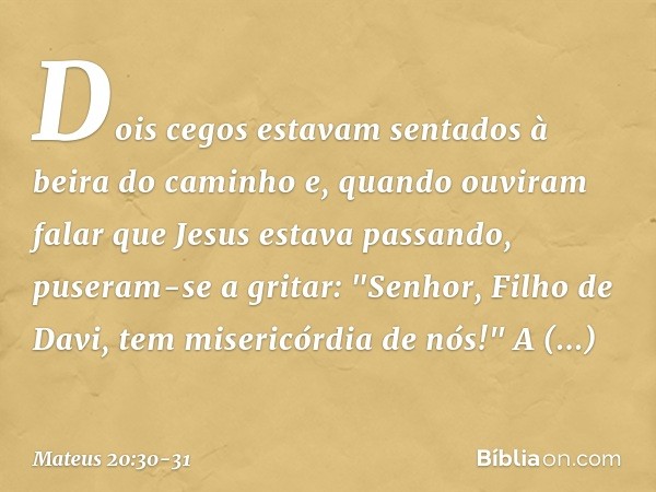 Dois cegos estavam sentados à beira do caminho e, quando ouviram falar que Jesus estava passando, puseram-se a gritar: "Senhor, Filho de Davi, tem misericórdia 