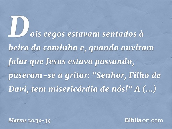 Dois cegos estavam sentados à beira do caminho e, quando ouviram falar que Jesus estava passando, puseram-se a gritar: "Senhor, Filho de Davi, tem misericórdia 